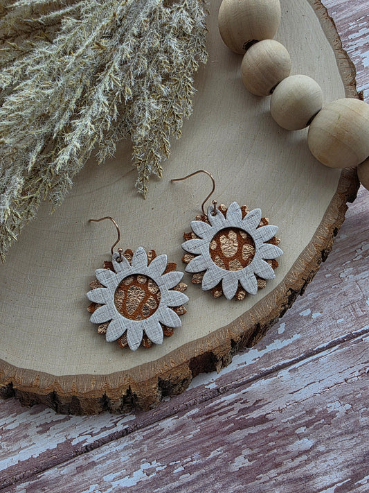 Tan & Rose Gold Sunflower Earrings