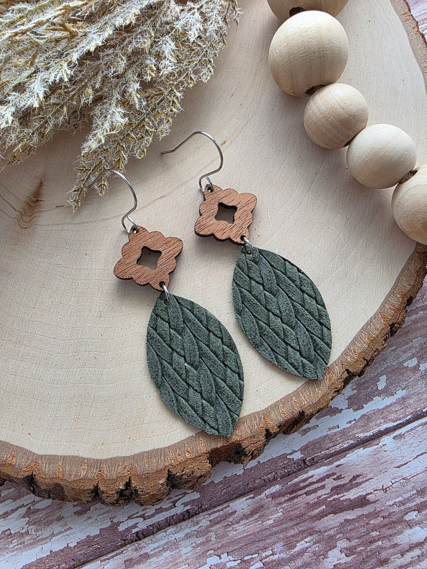 Dark Olive Green Leather Leaf Earrings