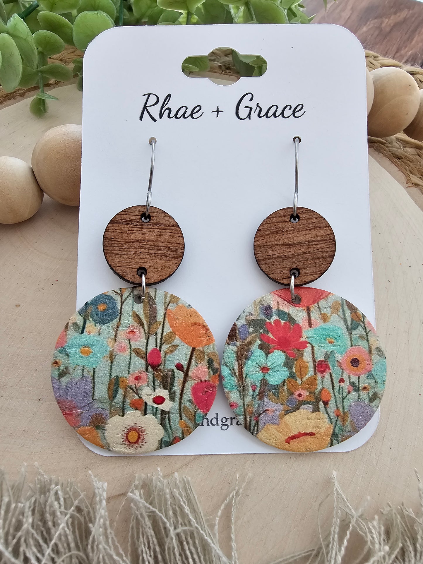 Colorful Wildflower Field Floral Circle Drop Earrings