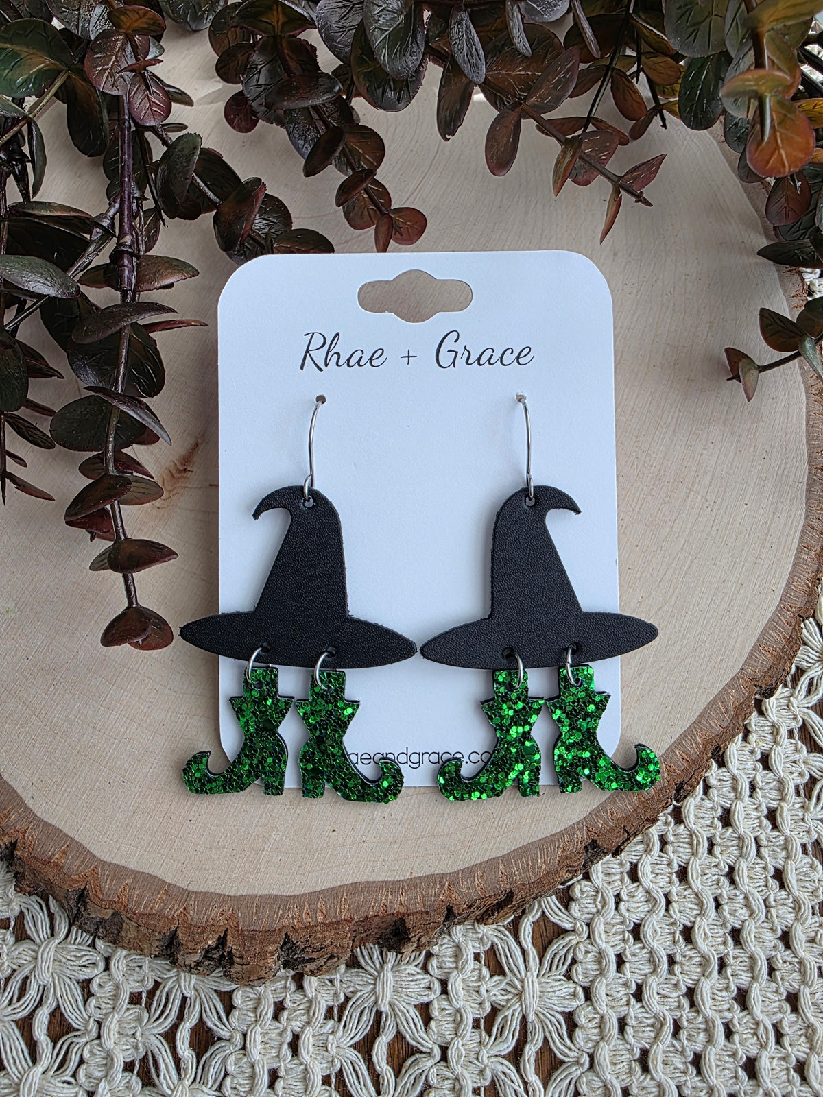 Witch Hat with Green Glitter Boots Earrings