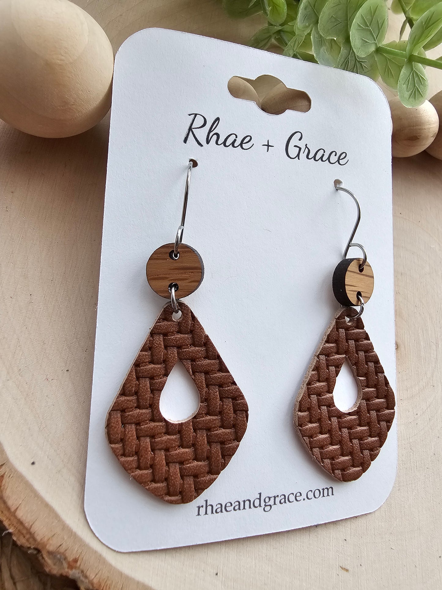 Russet Brown Basket Weave Open Drop Earrings