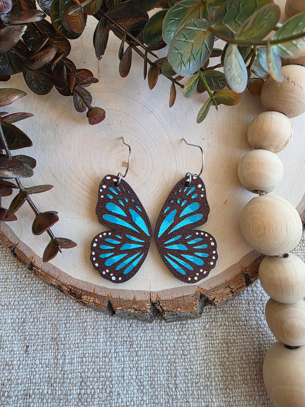 Blue Morpho Butterfly Wing Wood Earrings