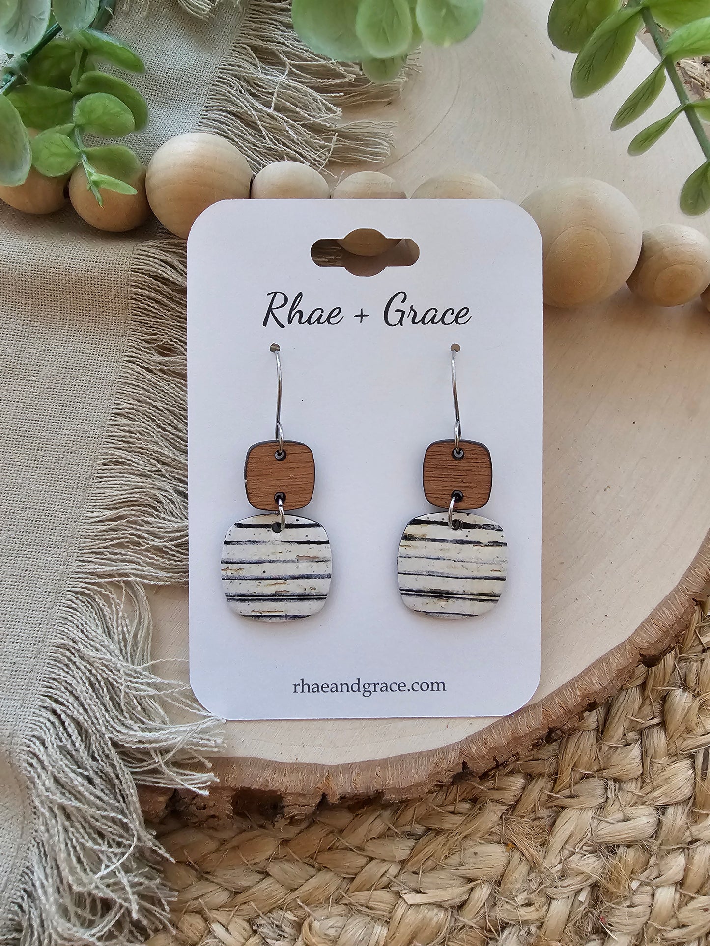 Black & White Vintage Pinstripe Rounded Square Earrings