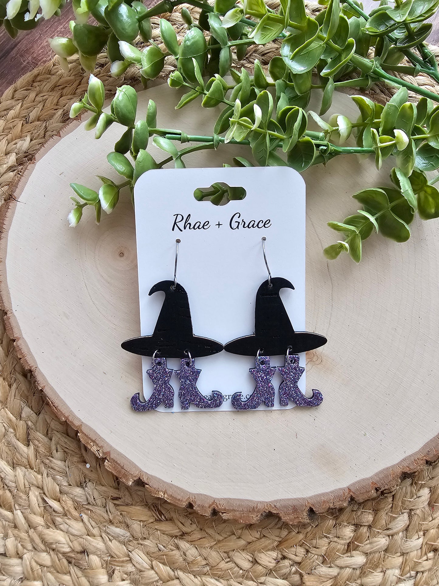 Witch Hat Purple Glitter Boots Earrings