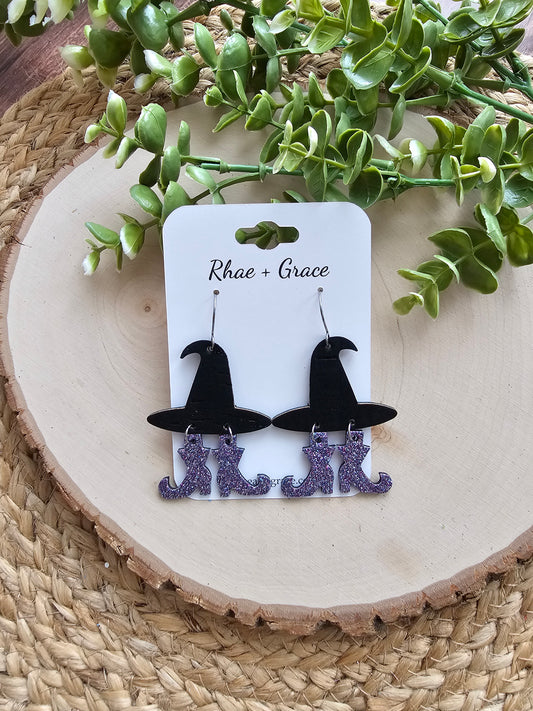 Witch Hat Purple Glitter Boots Earrings