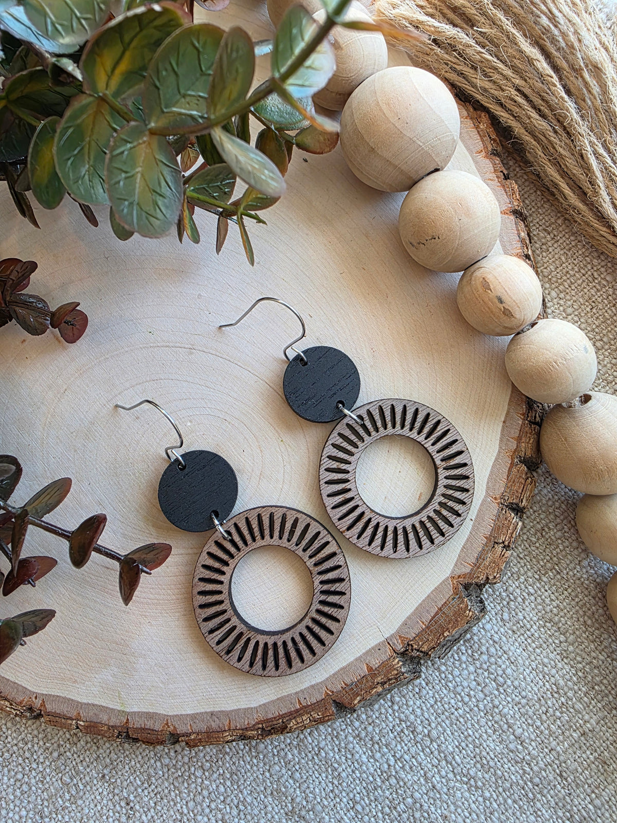 Wood Sunburst Hoop Earrings