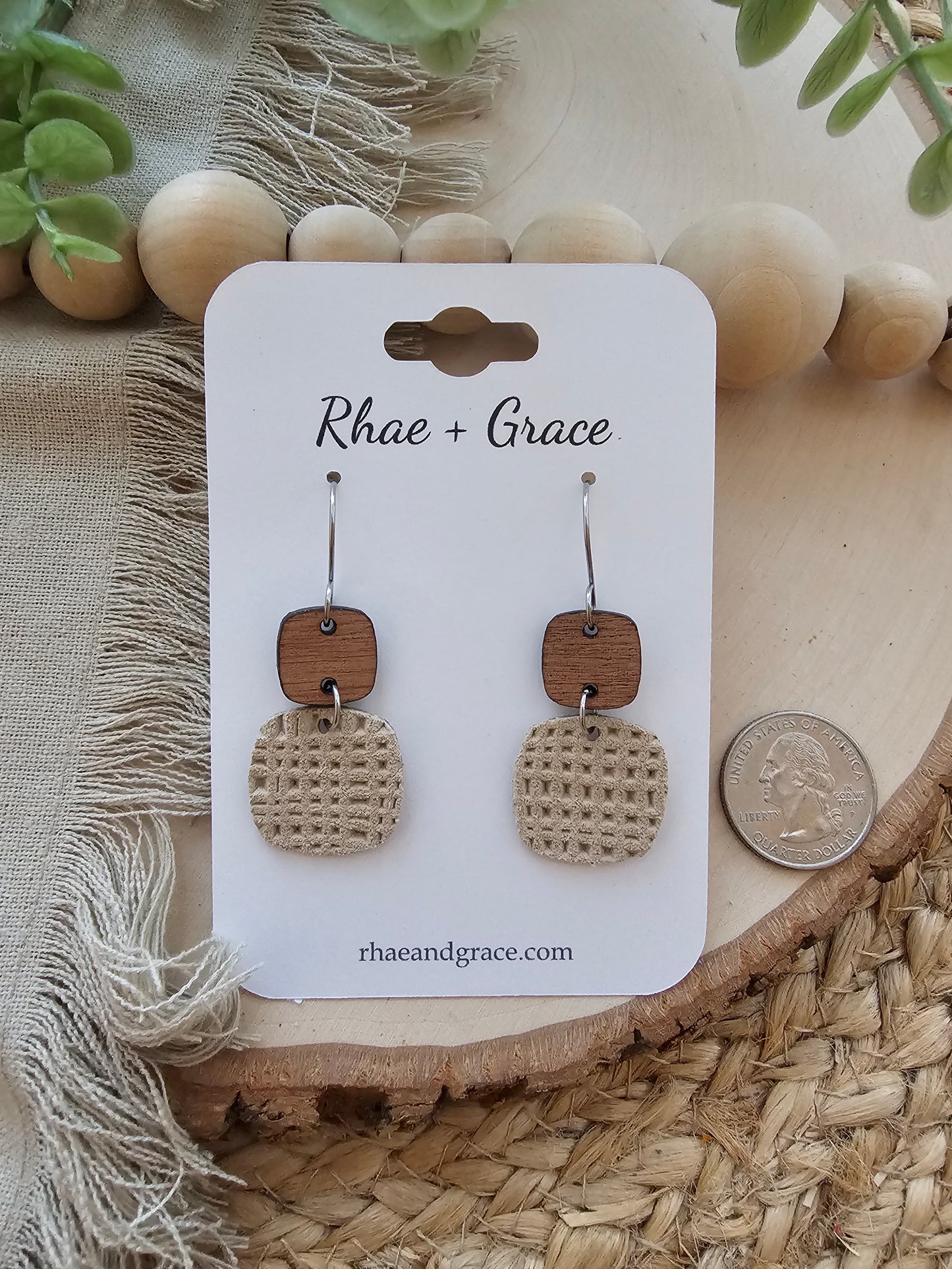 Beige Tan Embossed Rounded Square Earrings