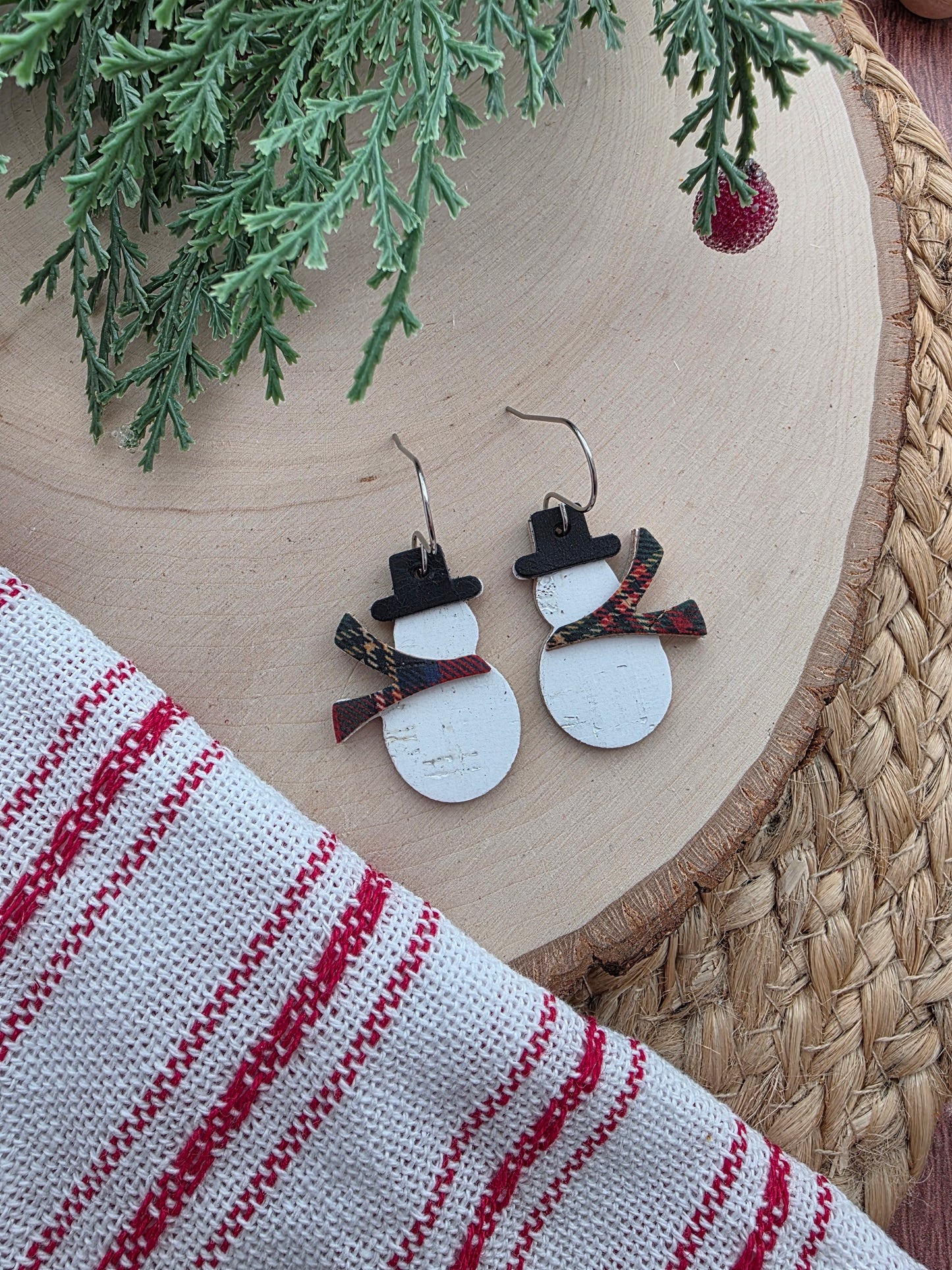 Snowmen Earrings - Red Plaid Scarf