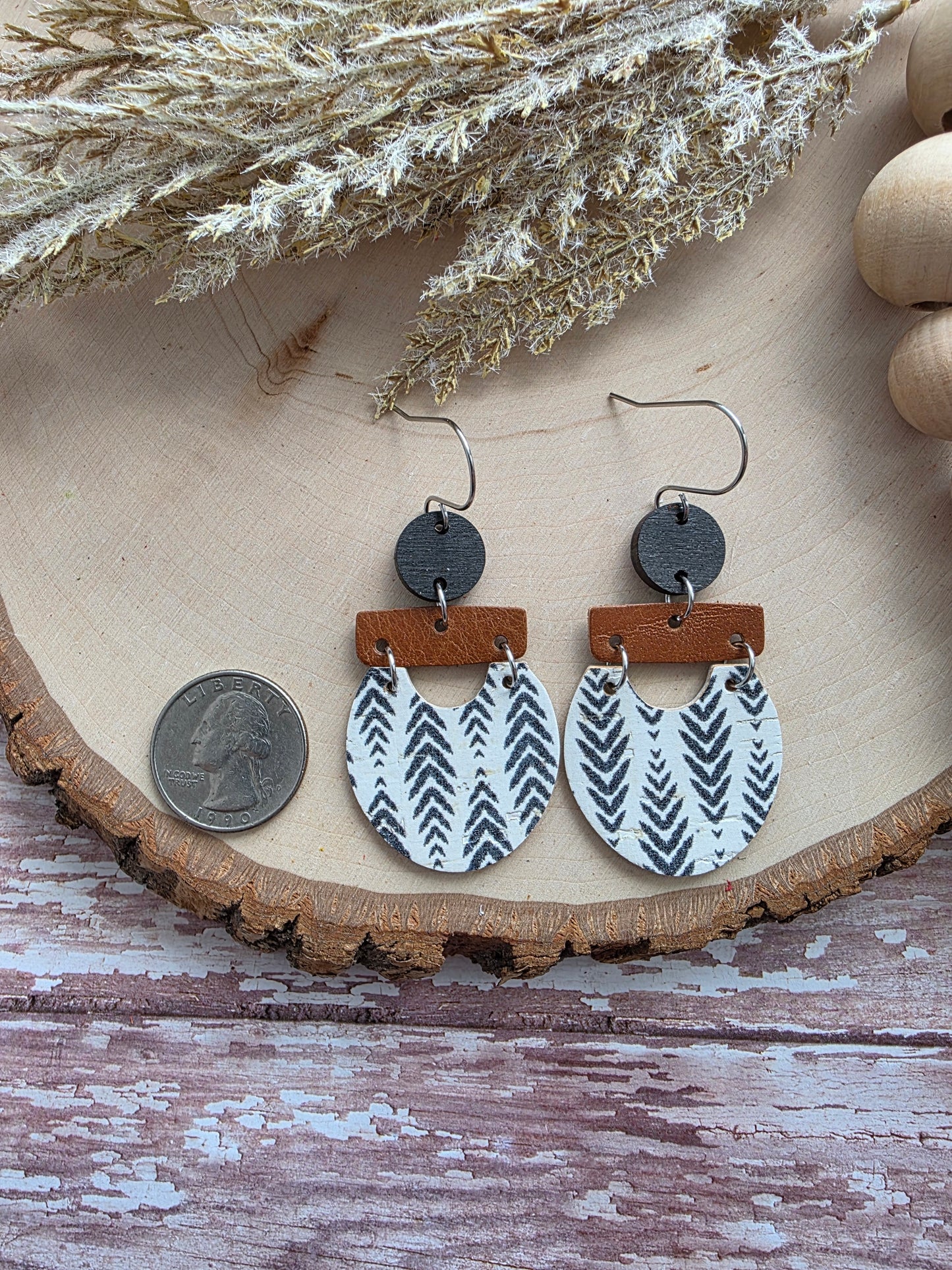 Boho Black, White & Brown Herringbone Earrings