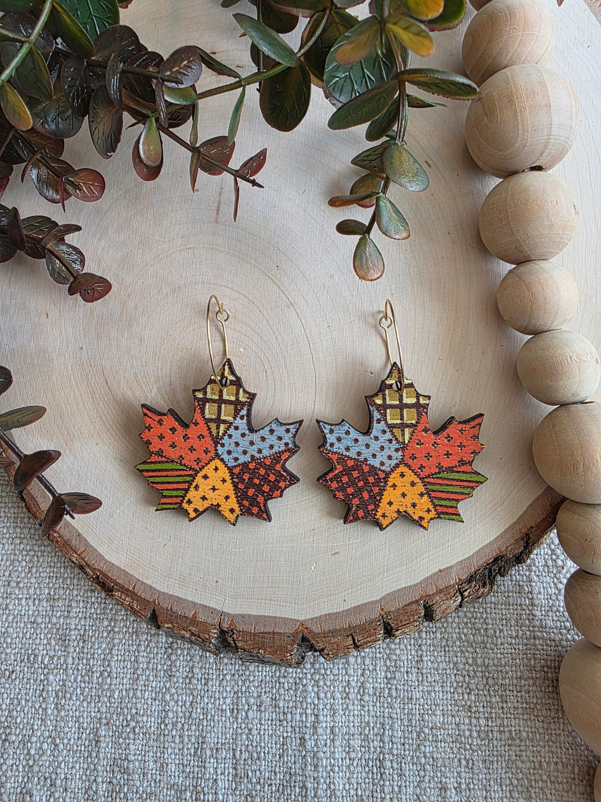 Patchwork Maple Leaf Wood Earrings - Orange
