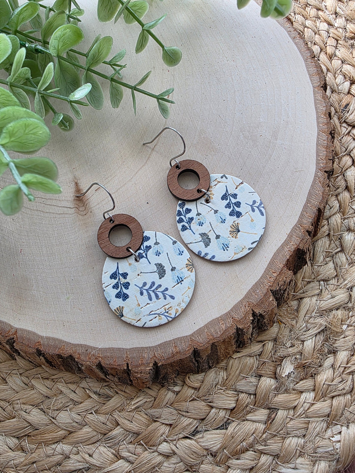 Blue & Mustard Floral Circle Earrings