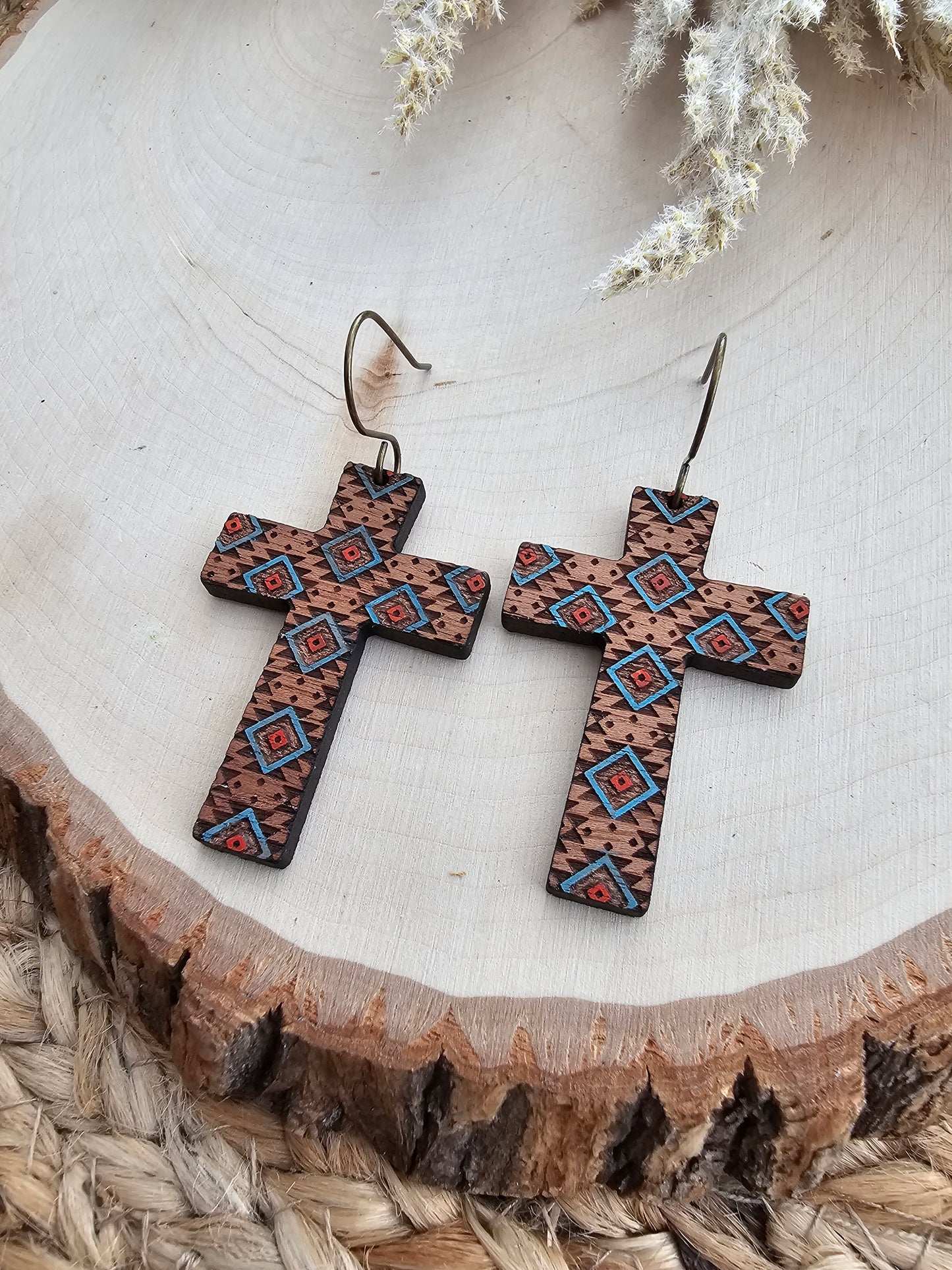 Southwestern Hand Painted Wood Cross Earrings