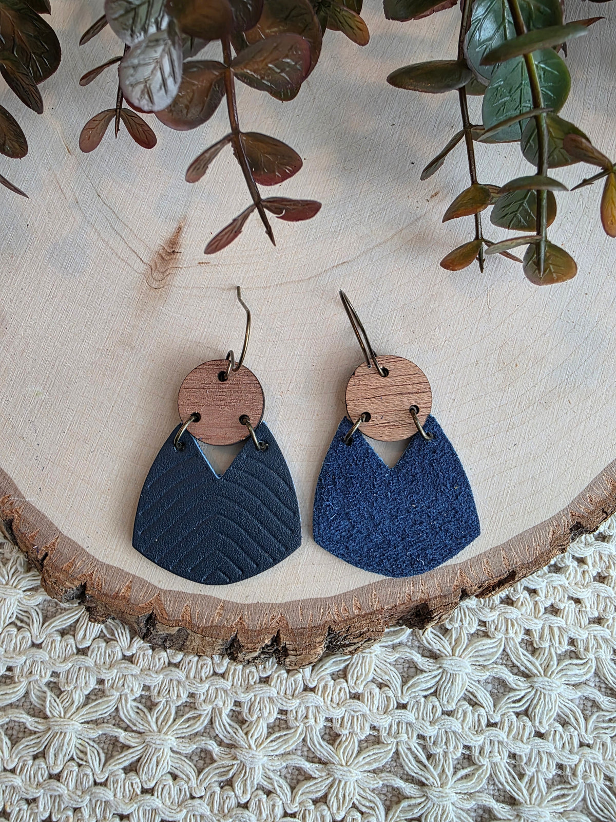 Geometric Boho Embossed Chevron Earrings - Navy Blue