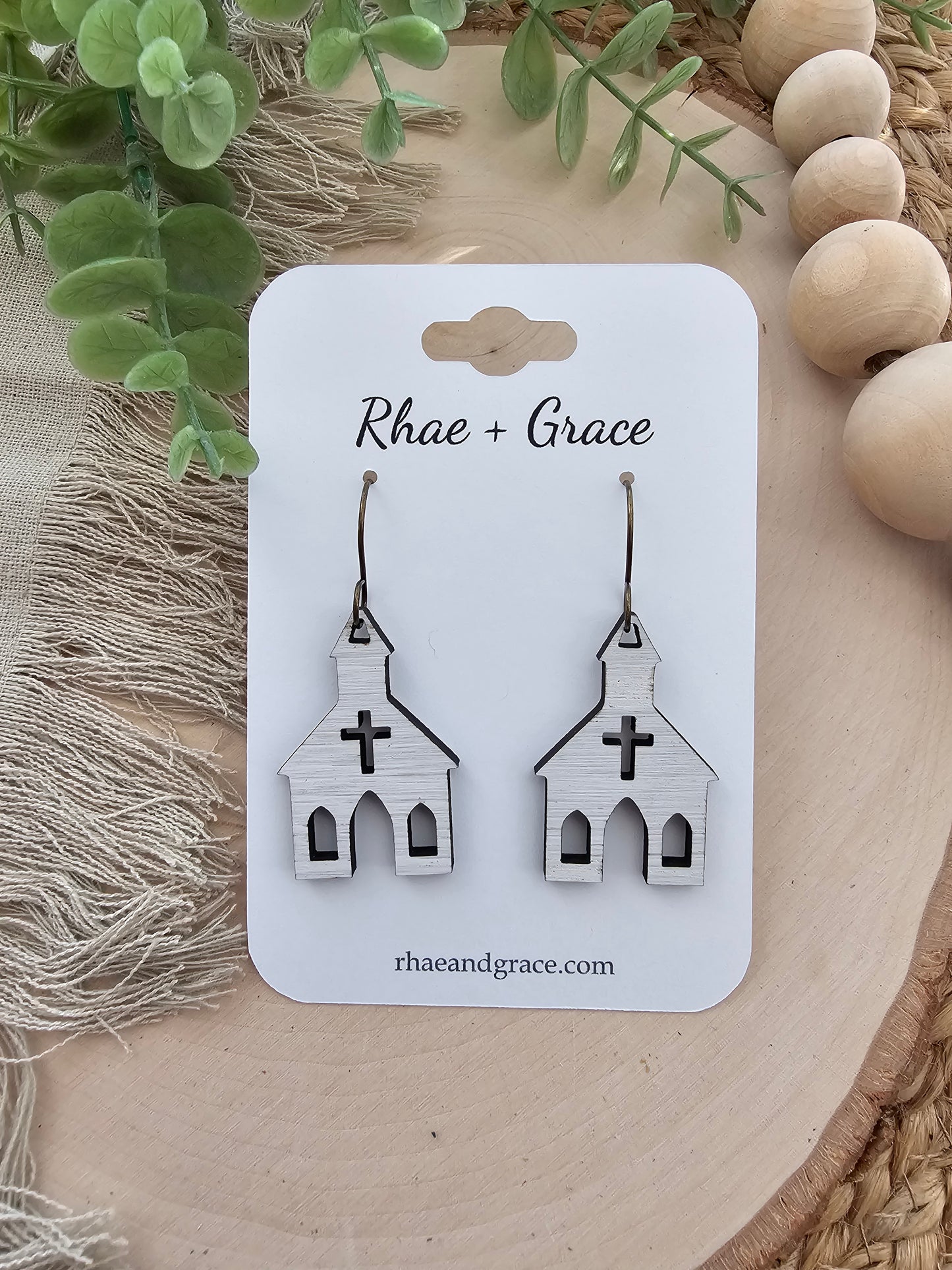 Little White Church Wood Earrings