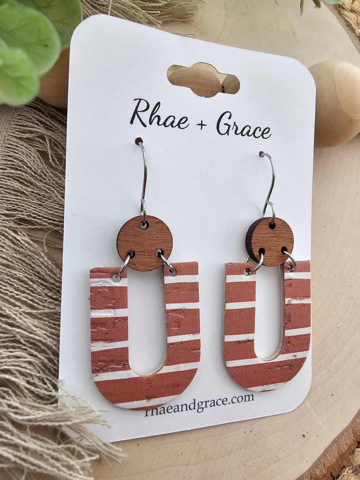 Terracotta Tan & White Striped "U" Earrings