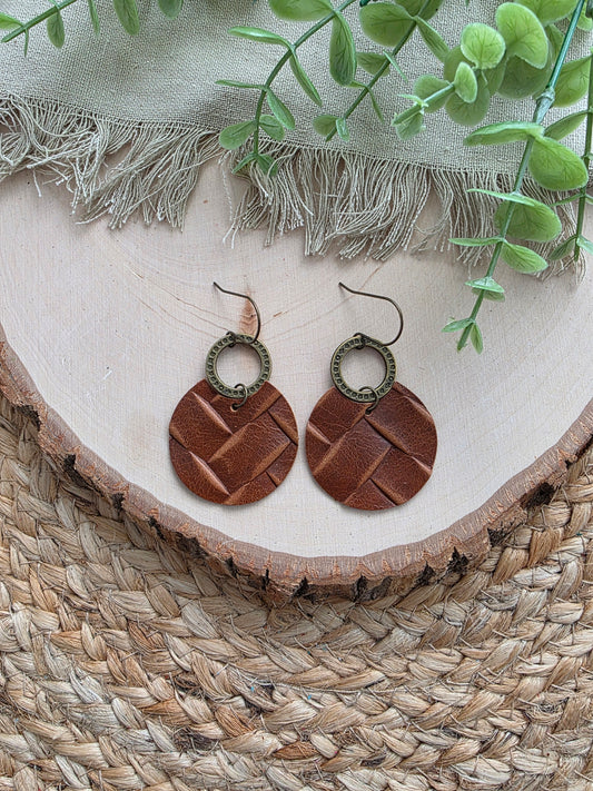 Saddle Brown Box Braid Embossed Circle Earrings