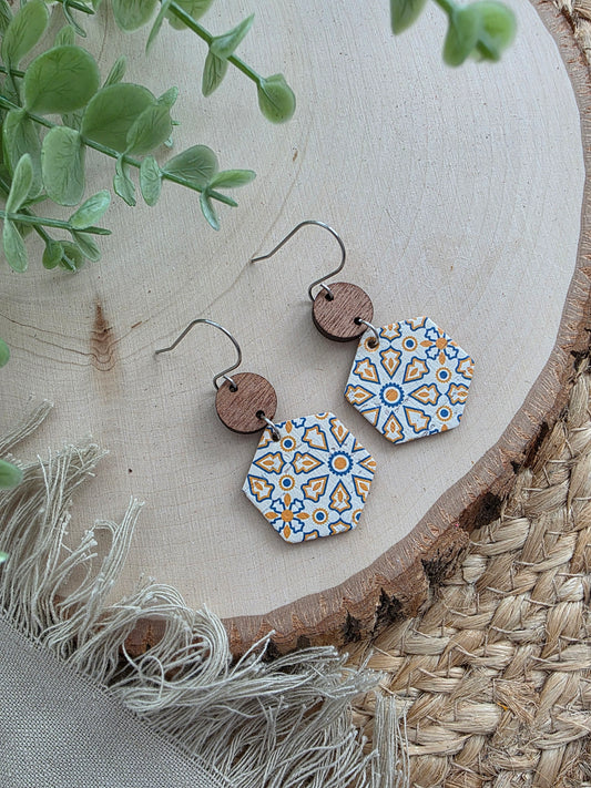 Blue & Yellow Moroccan Tile Hexagon Earrings