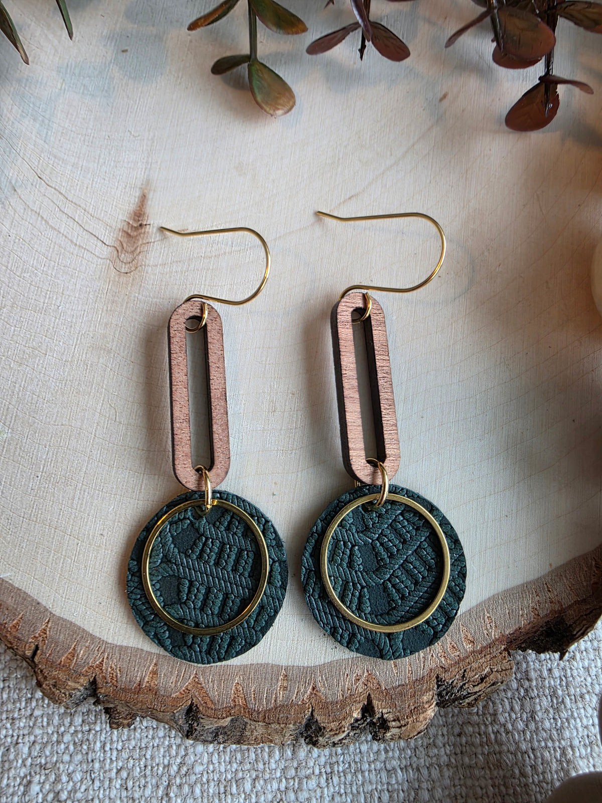 Dark Green & Gold Round Drop Earrings