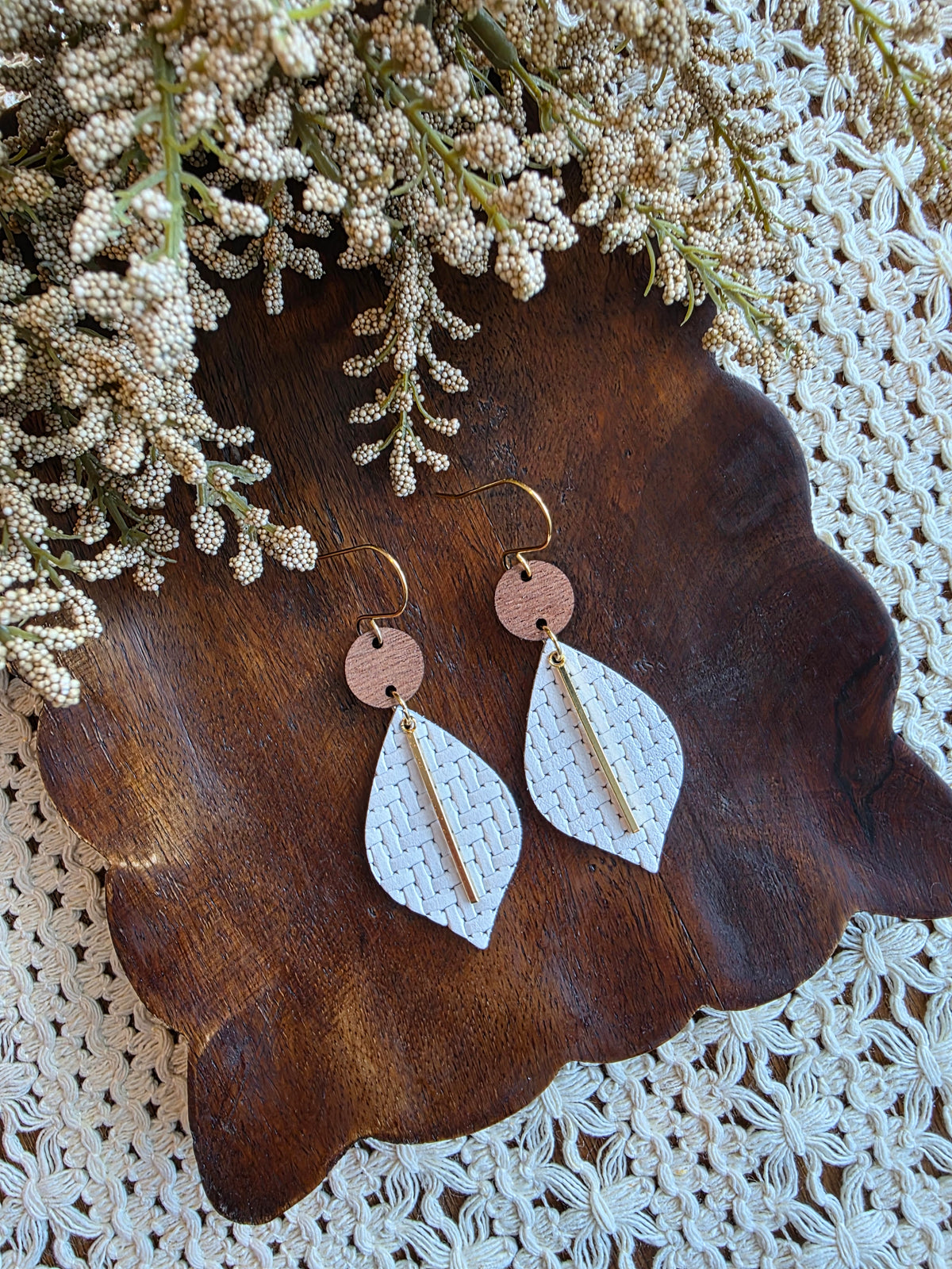 White Woven Pointed Petal Earrings