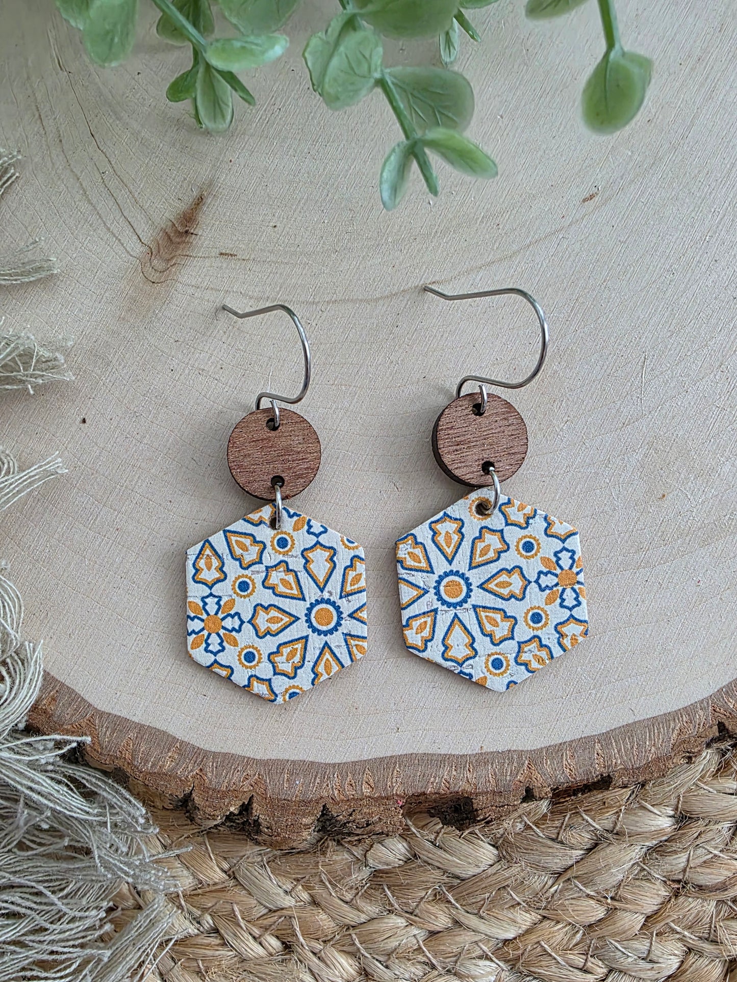 Blue & Yellow Moroccan Tile Hexagon Earrings