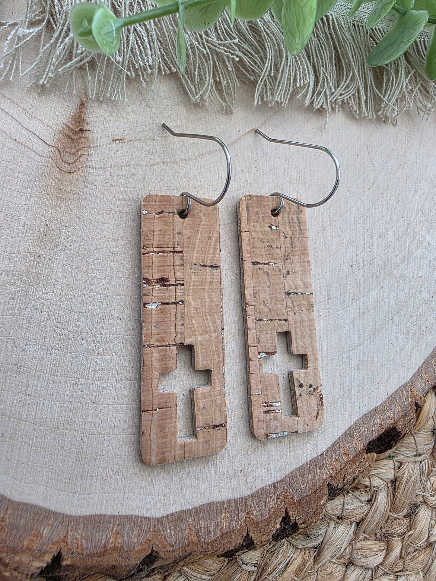 Natural Cork Silver Cross Cutout Bar Earrings