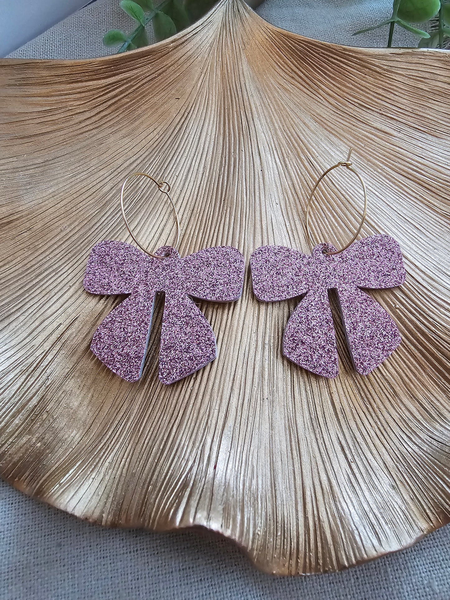 Rose Pink Glitter Bow Earrings