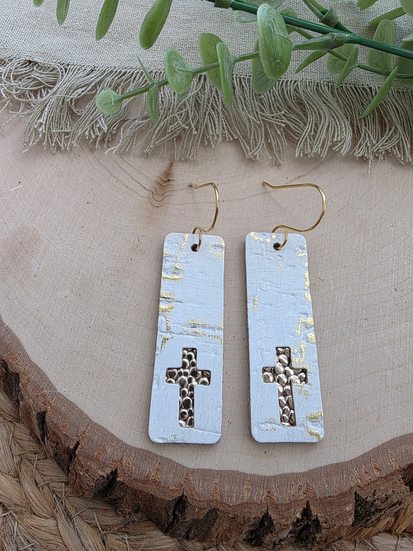 White & Gold Cross Bar Earrings