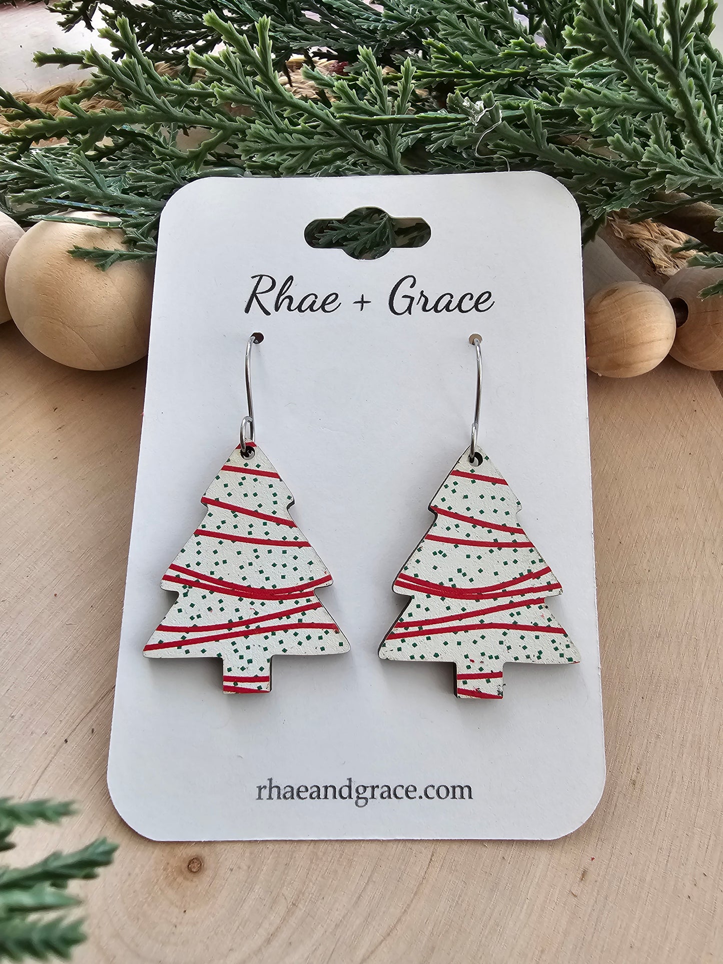 Christmas Tree Cake Wood Dangle Earrings