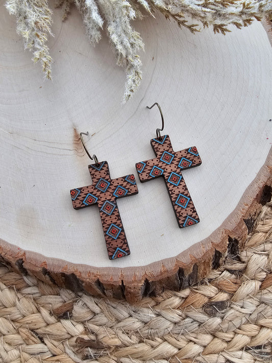 Southwestern Hand Painted Wood Cross Earrings