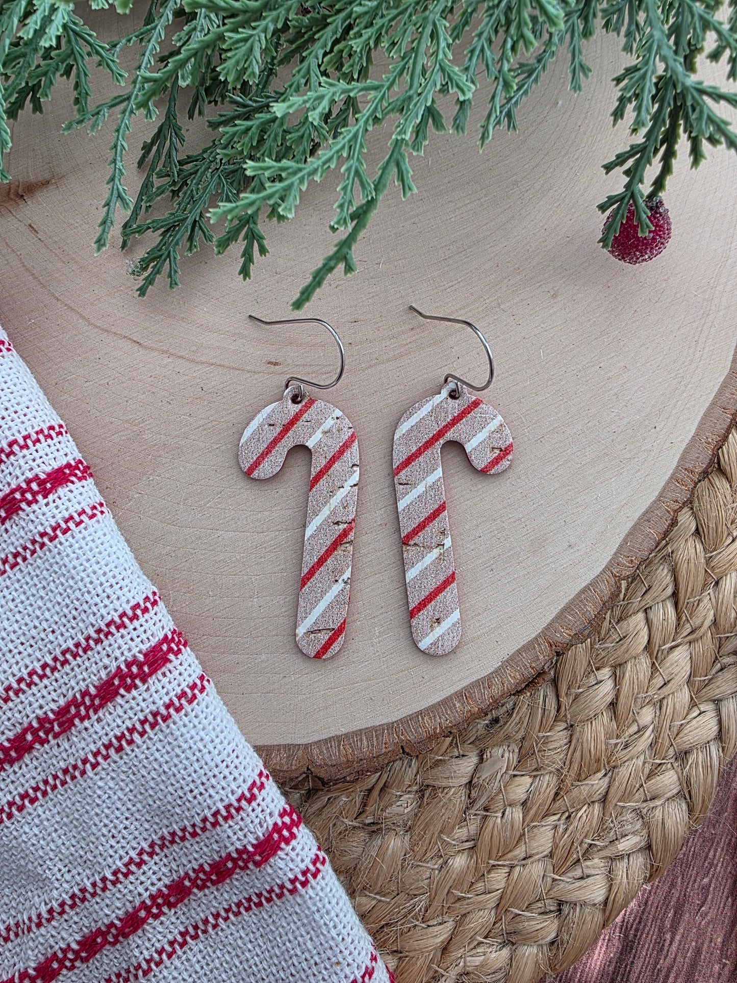 Rustic Striped Candy Cane Glitter Earrings