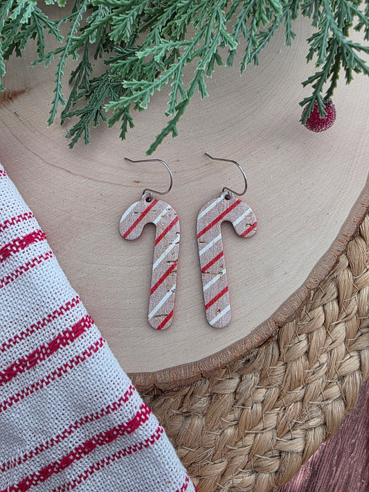 Rustic Striped Candy Cane Glitter Earrings