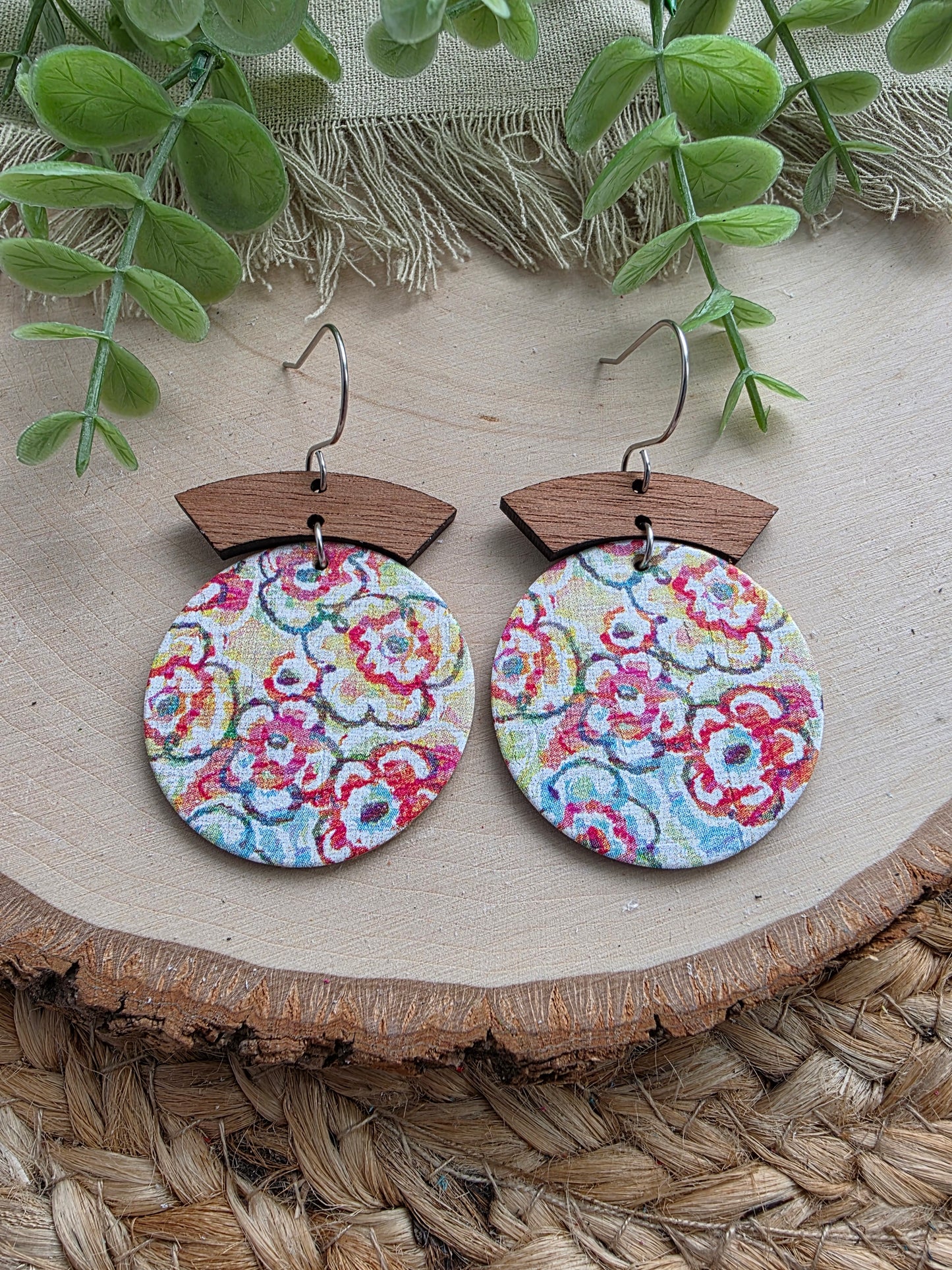 Colorful Sketched Floral Circle Earrings