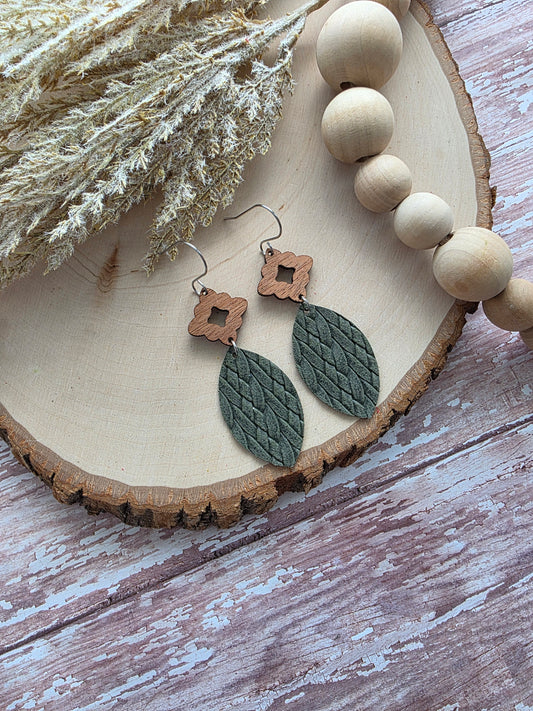 Dark Olive Green Leather Leaf Earrings