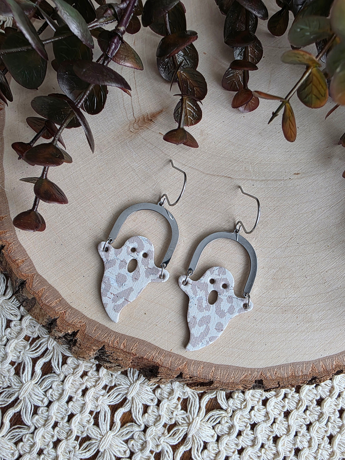 White & Grey Leopard Print Arched Ghost Earrings