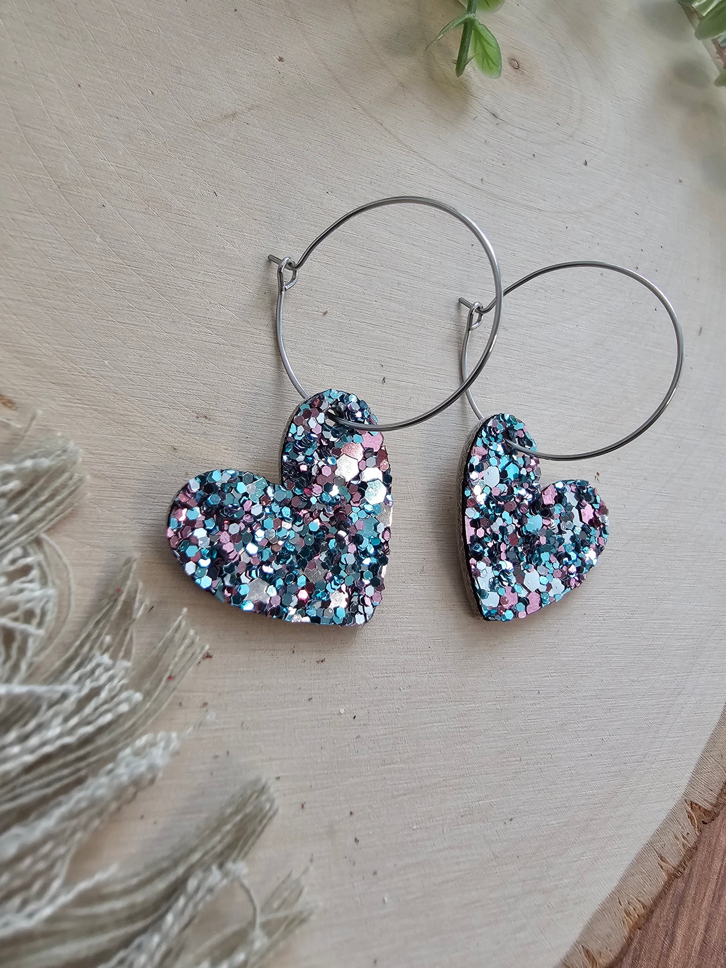 Blue & Mauve Small Heart Hoop Earrings