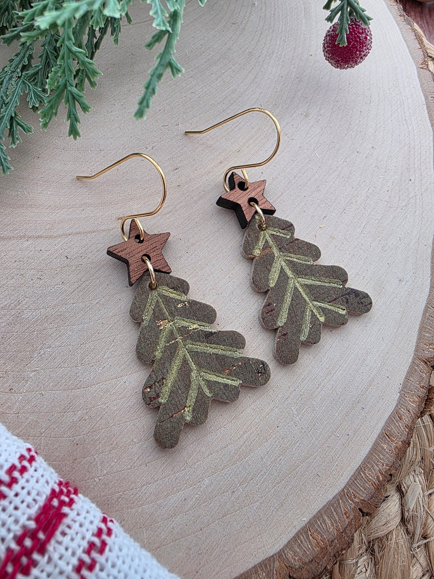 Little Green & Gold Retro Christmas Tree Earrings