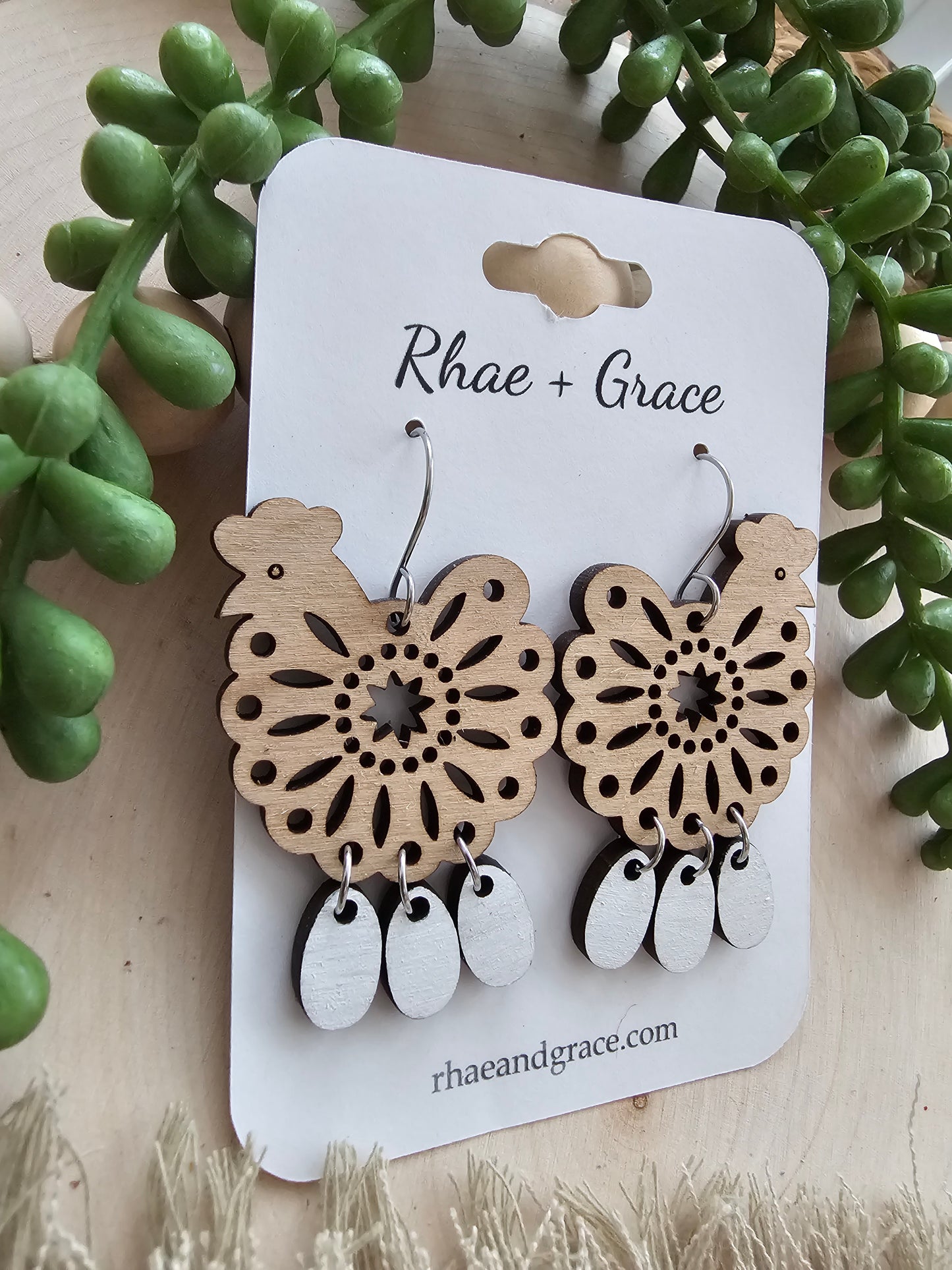 Country Chicken on Eggs Wood Earrings