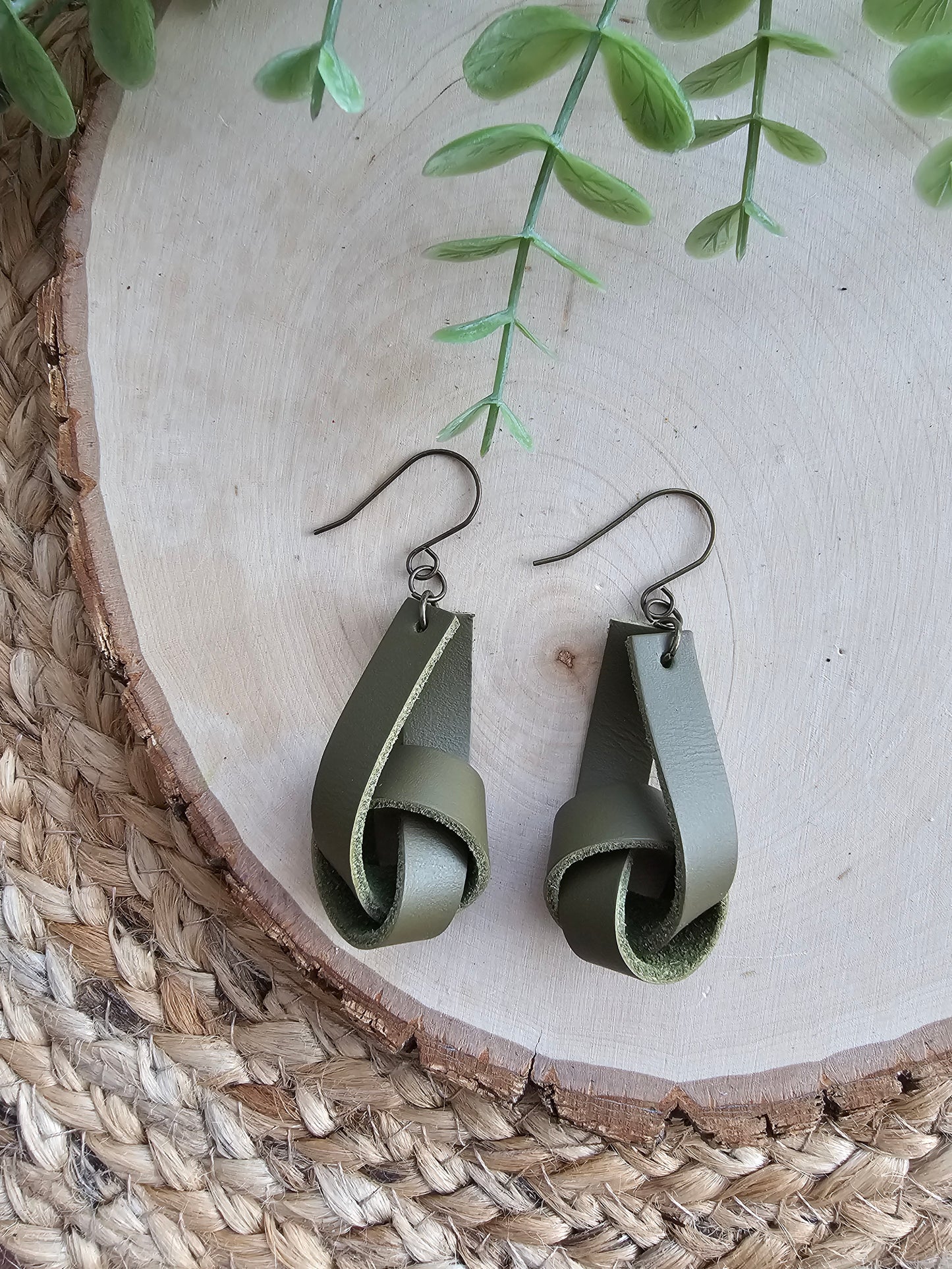 Olive Green Leather Wide Knot Earrings