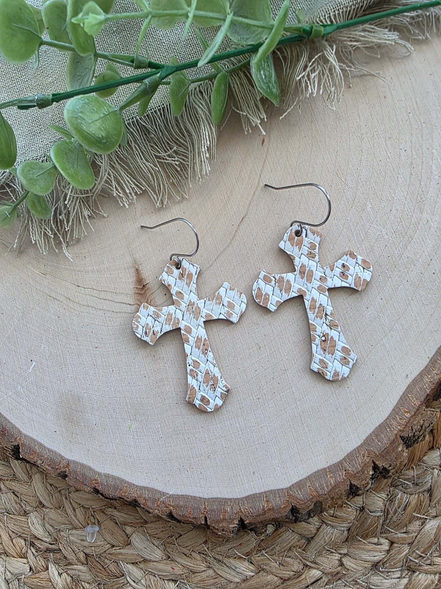 Whitewashed Basketweave Cross Earrings