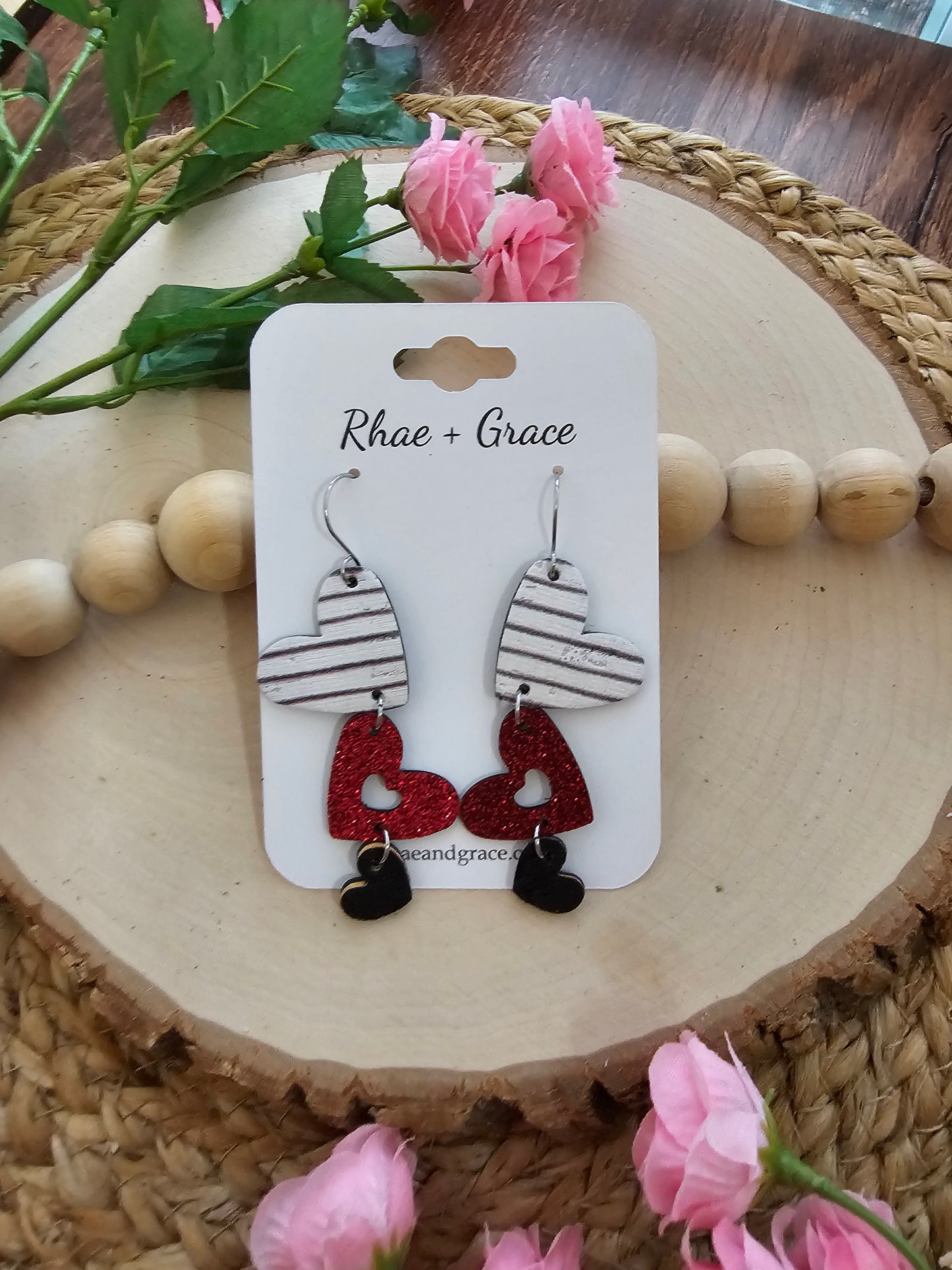 Red Glitter & Striped Cascading Heart Earrings