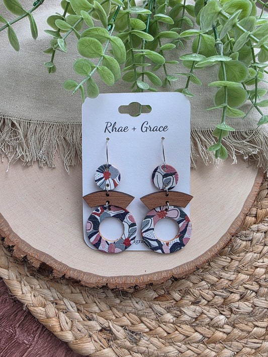 Retro Green & Pink Floral Round Cutout Earrings