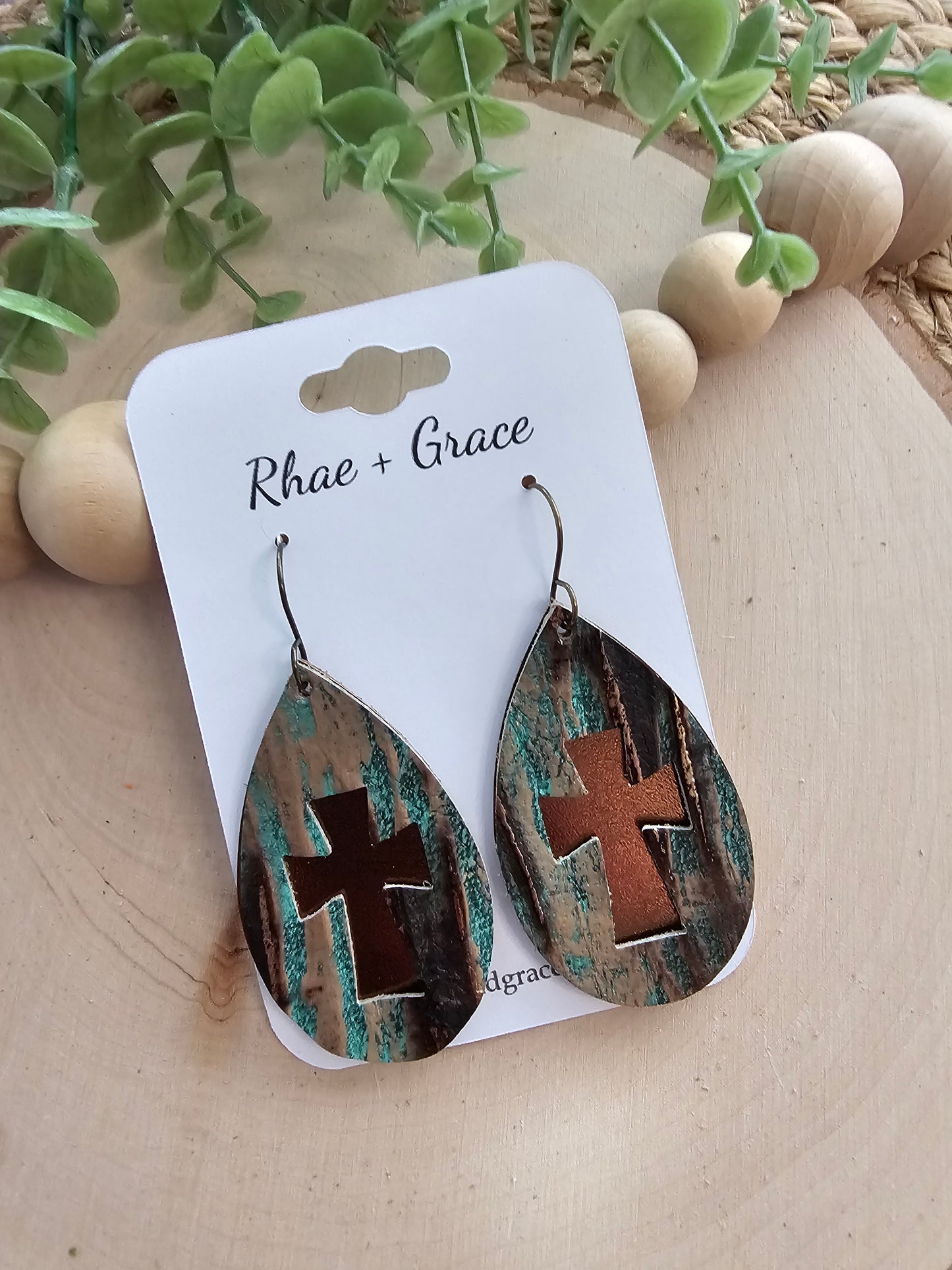 Rustic Teal Beachwood & Bronze Layered Cross Teardrop Earrings