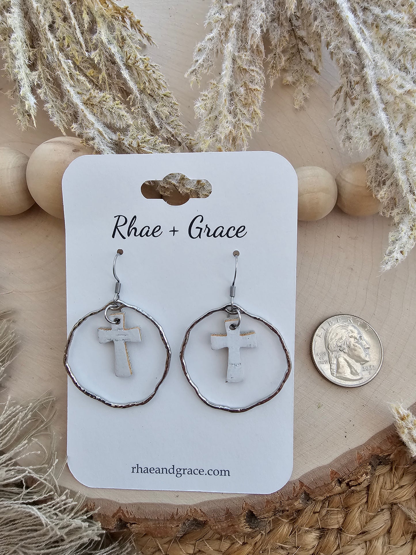 White & Siver Dainty Round Cross Earrings