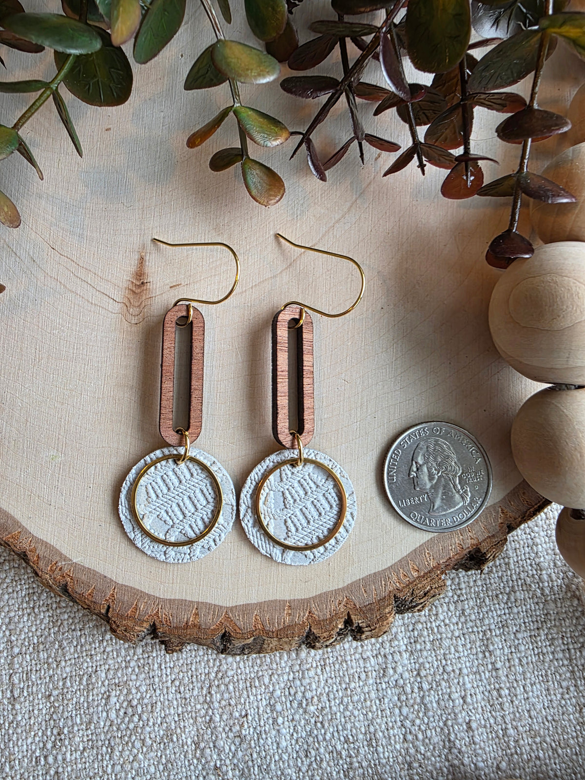 Beige & Gold Round Drop Earrings