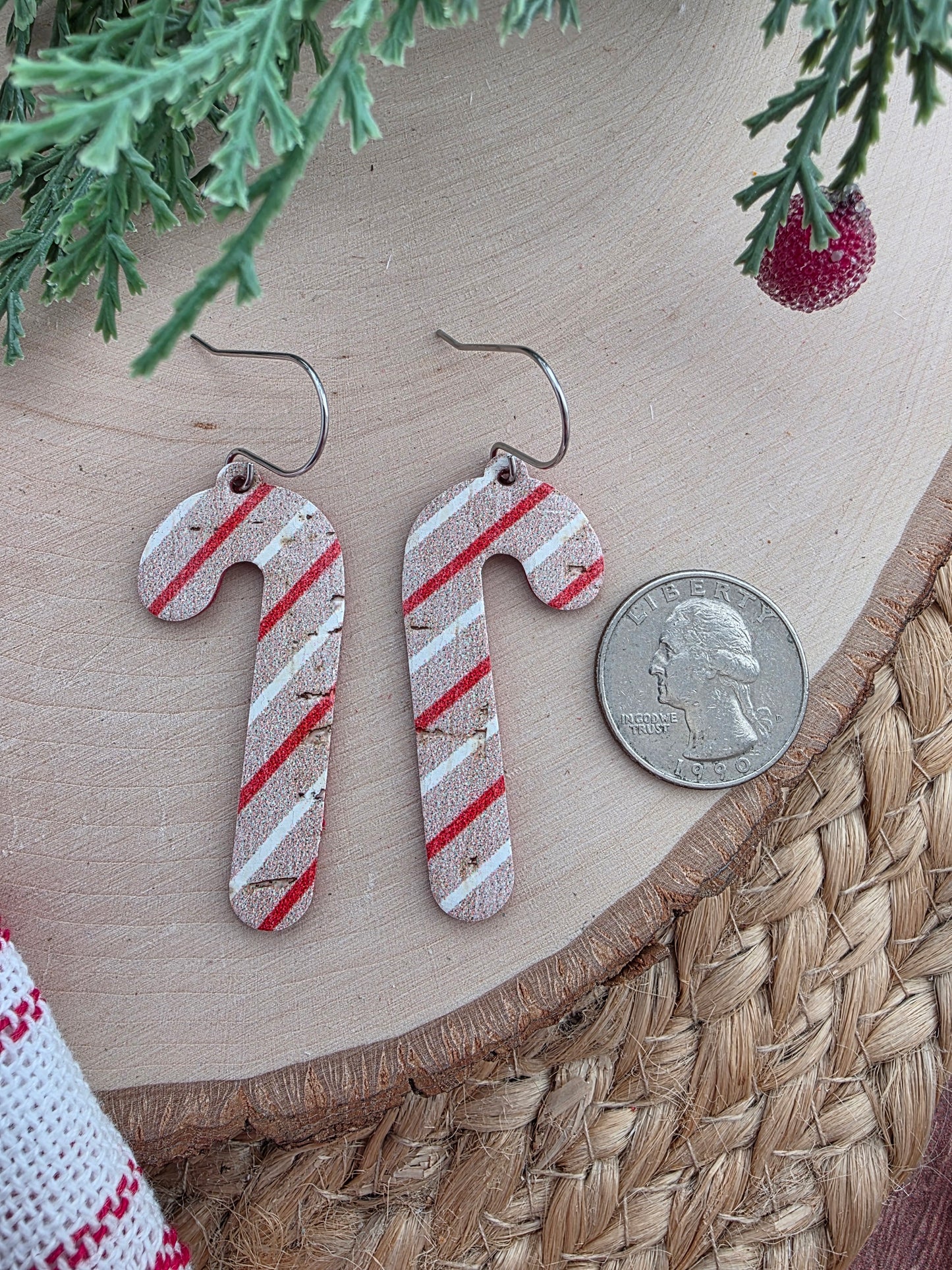 Rustic Striped Candy Cane Glitter Earrings
