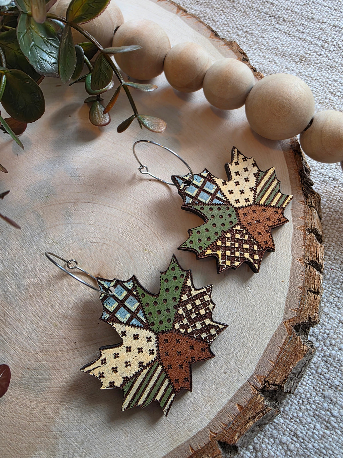 Patchwork Maple Leaf Wood Earrings - Blue/Green