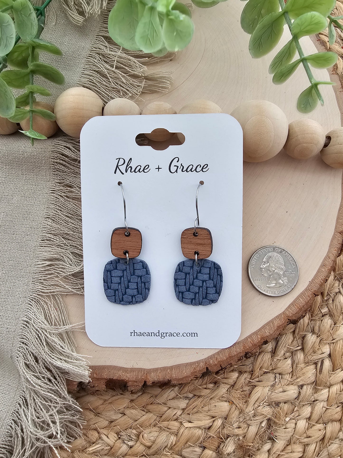 Denim Blue Knit Embossed Braid Rounded Square Earrings