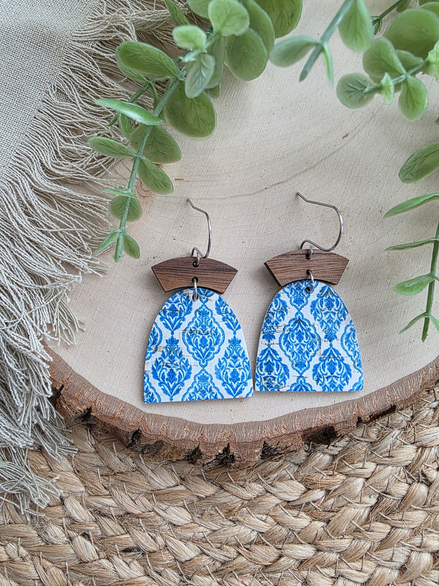 Blue & White Boho Tiles Closed Arch Earrings