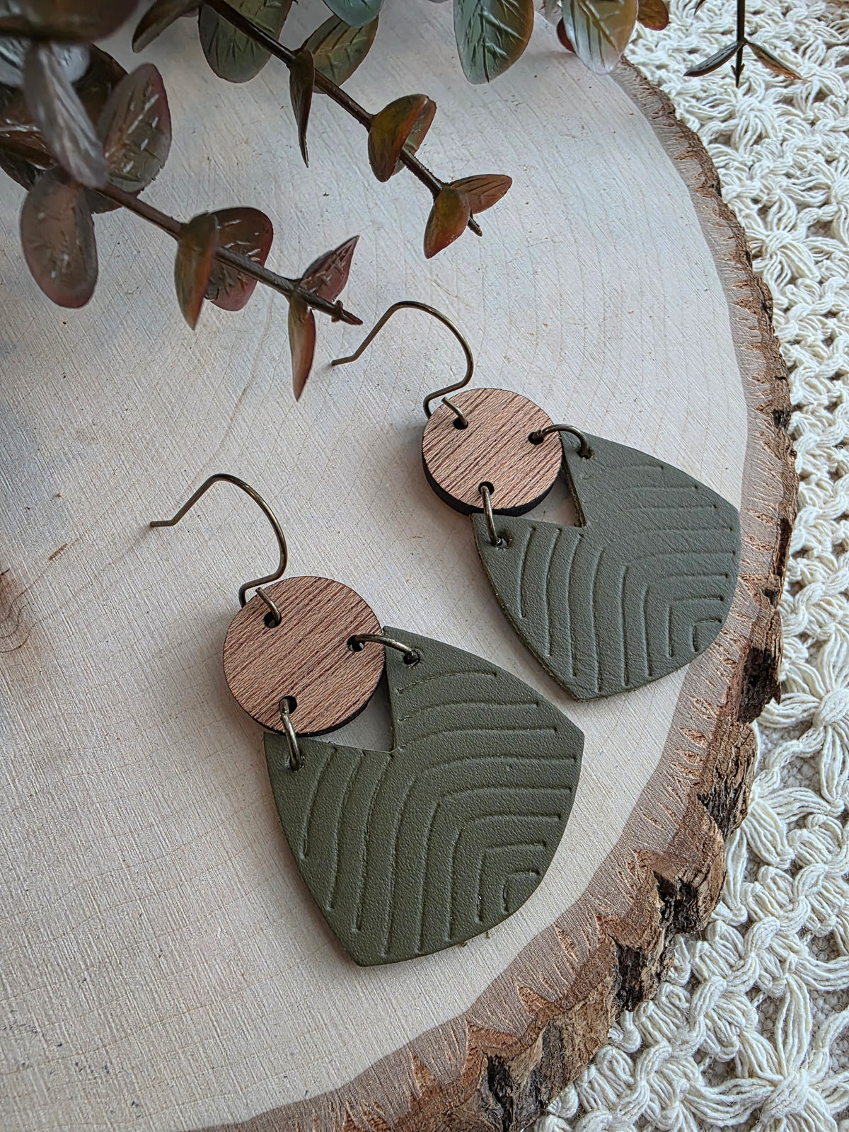 Geometric Boho Embossed Chevron Earrings - Olive Green