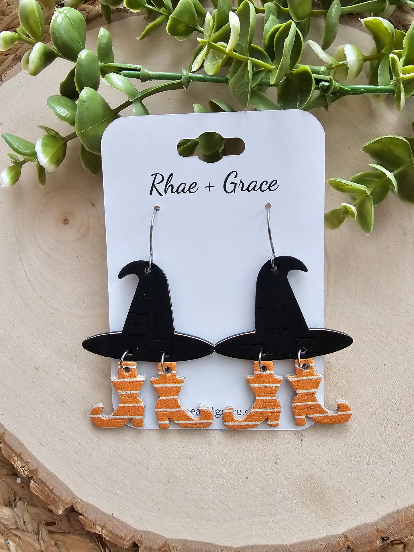 Witch Hat Orange & White Striped Boots Earrings